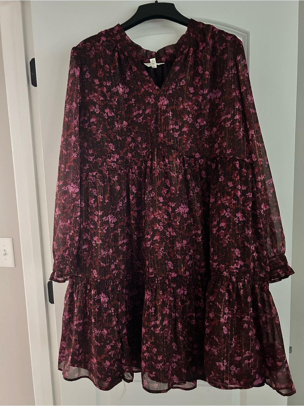Terra & Sky Burgundy Dress with Pink Floral Print and Gold Accents